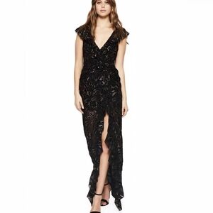 Alice McCall Off Duty Black Floral Metallic Plunge Neck Flutter Sleeve Gown 4